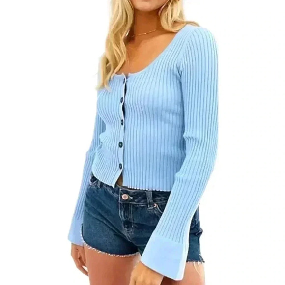 ASOS Blue Cropped Bell-sleeve Cardigan Sweater - Picture 2 of 5